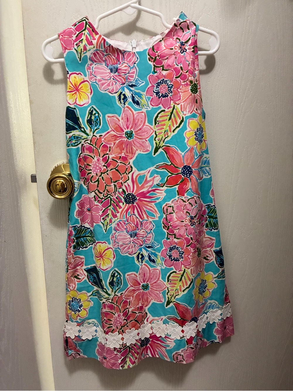 Girls Turquoise Floral A-Line Dress with Lace Trim
